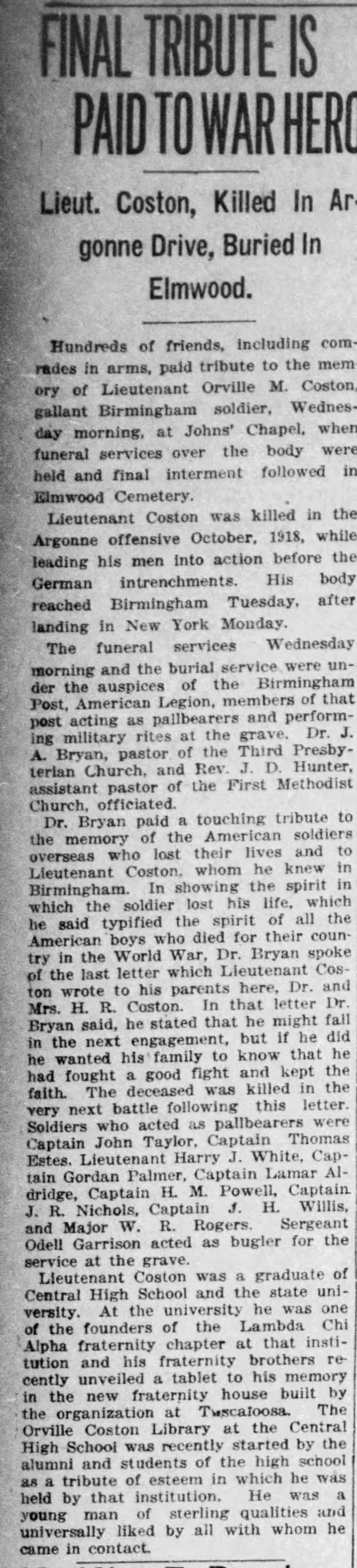 Lietenant Orville M. Coston obituary